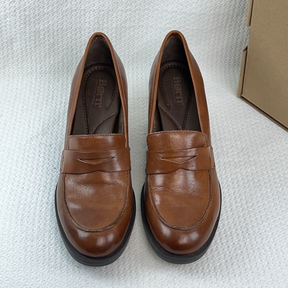 NWB Born Khelda Leather Penny Loafer Block Heel Cognac Women’s 8.5M New with Box - Picture 8 of 13